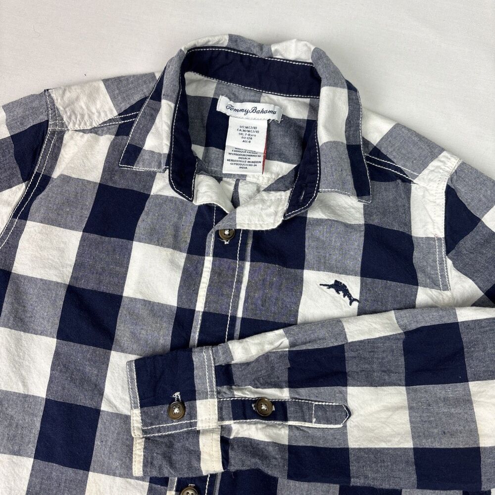 Tommy Bahama EUC‎ Button Down Shirt Boys M 7/8 Navy White Buffalo Check Plaid
